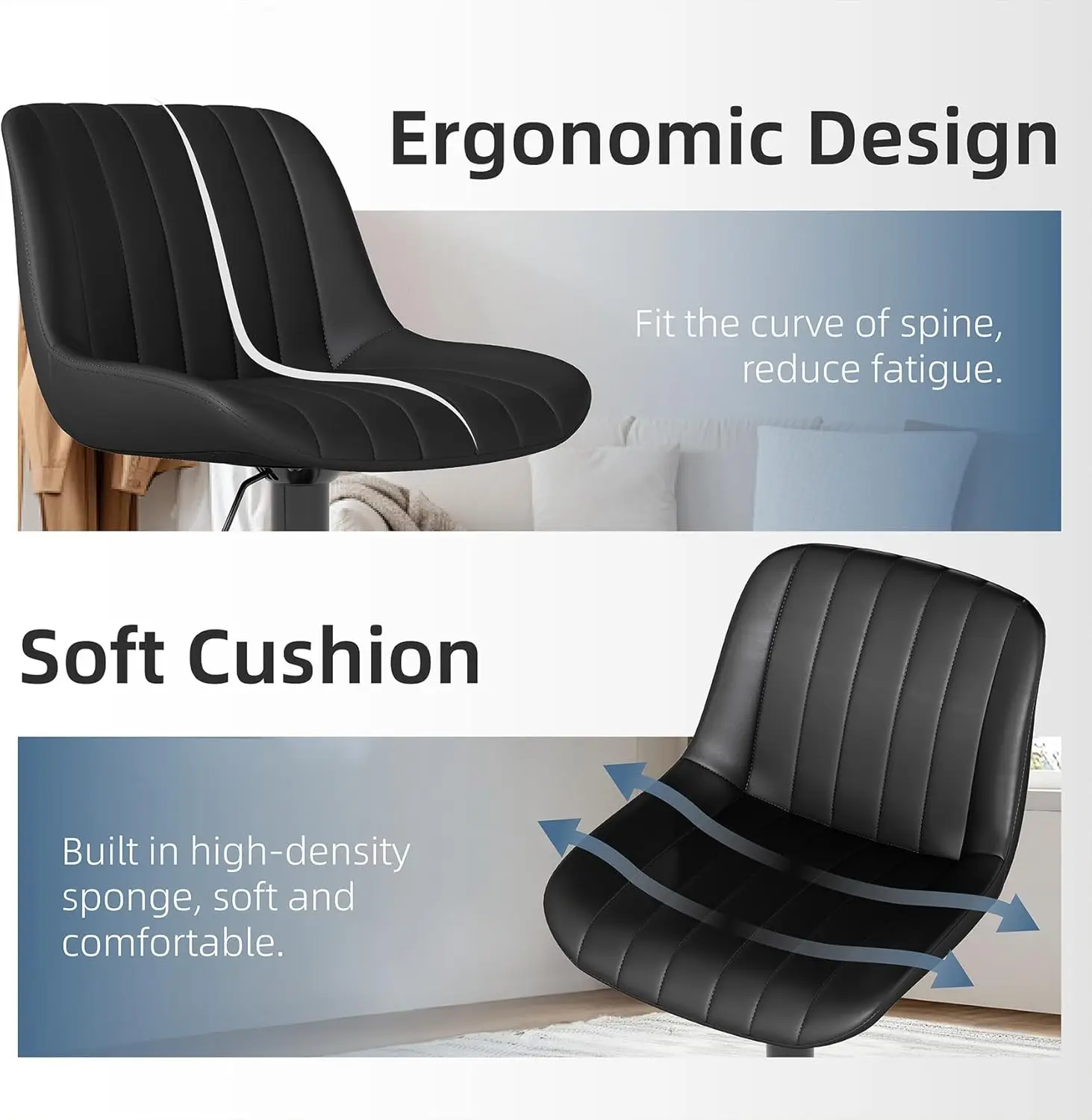 طقم مقاعد بار مكون من 3 قطع، ارتفاع دوار مع ظهر، جلد PU قابل للتعديل، مقعد جزيرة المطبخ الحديث، أسود