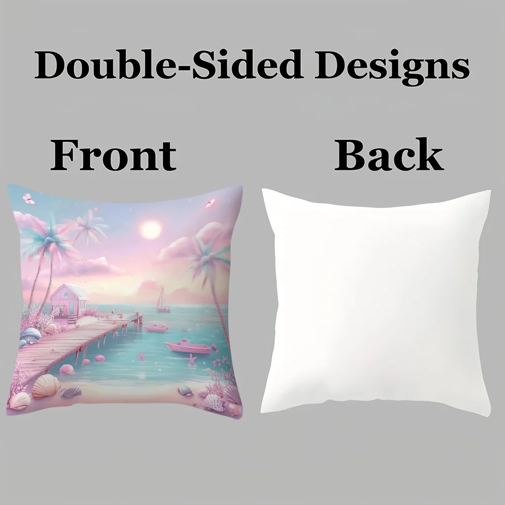 4pcs Beach Coconut Tree Boat Design single-sided digital printing pillow cover Short plush Suitable living rooms bedrooms sofas
