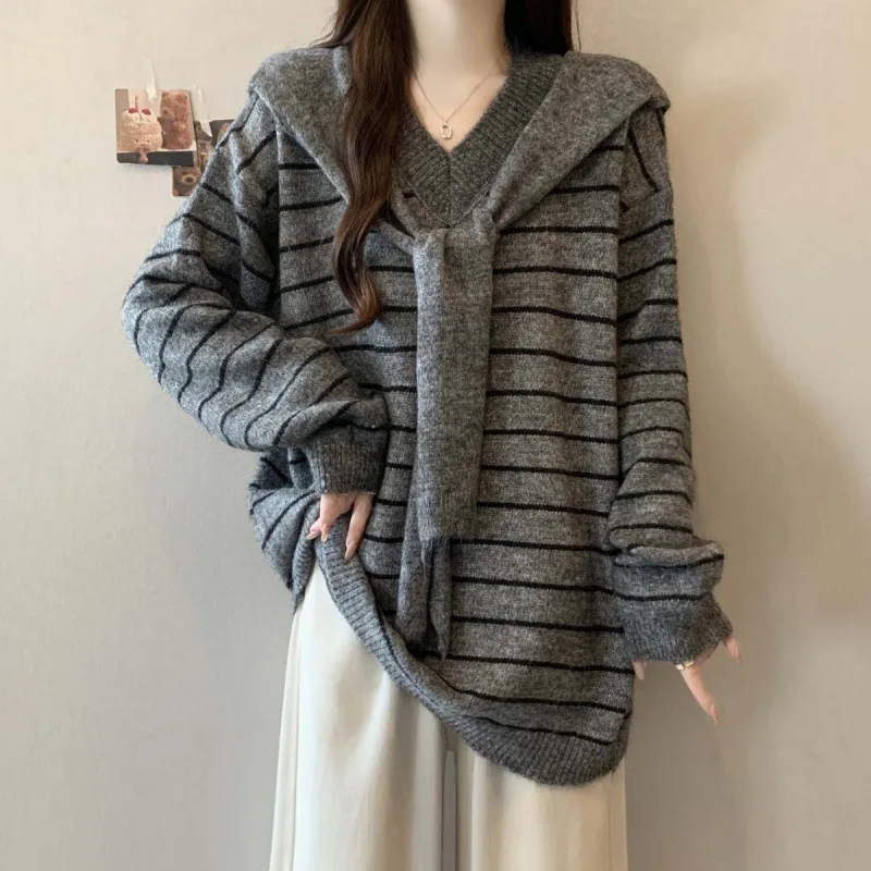 

Comfortable Casual Style Long Sleeve V-Neck Autumn Winter Striped Loose Fit Knitwear Women's Oversize Cover up Top Versatile
