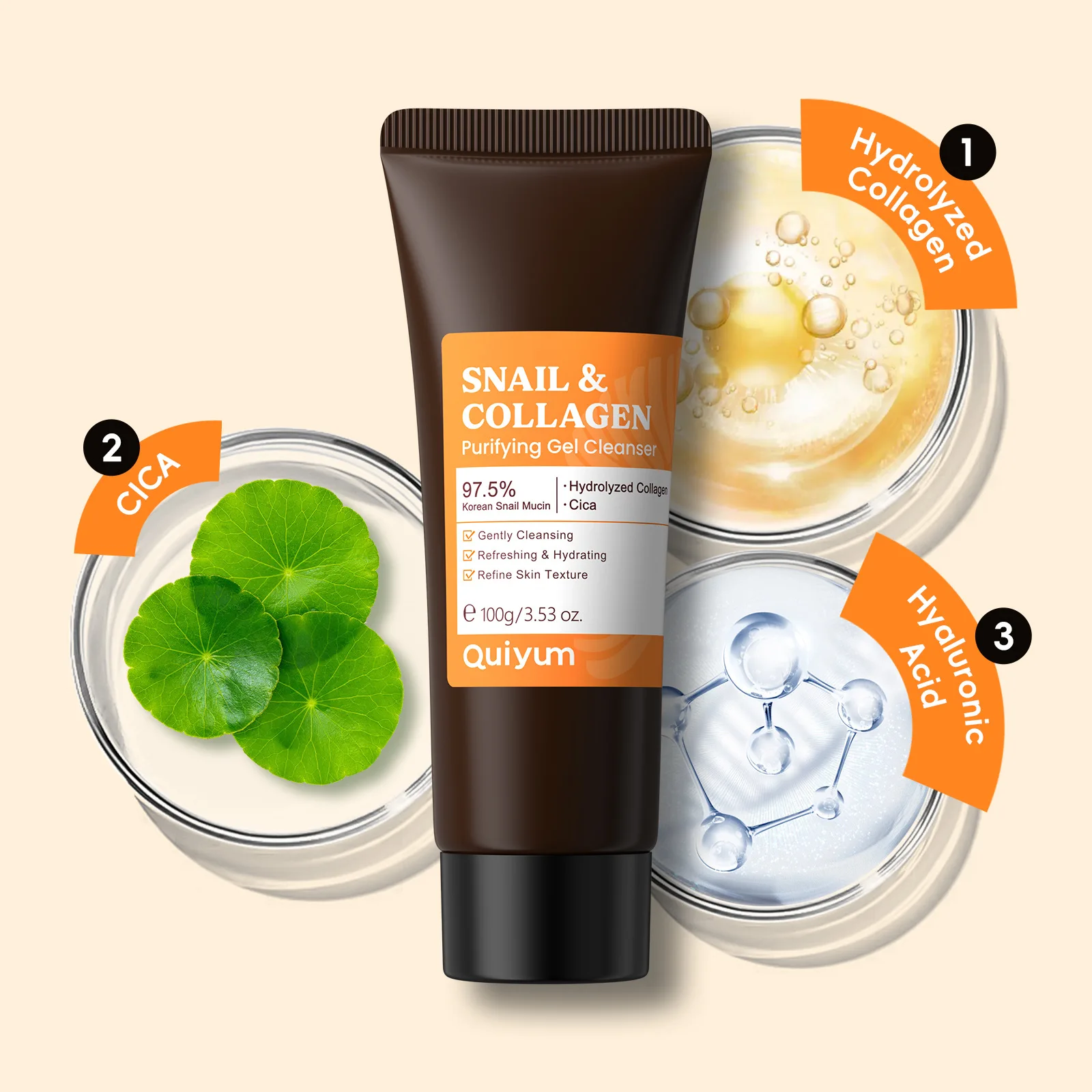 

QUIYUM 100ml Snail Collagen Cleanser, Hydrolyzed Collagen Amino Acid Face Wash for Sensitive Acne Skin, Soothing Pore Care