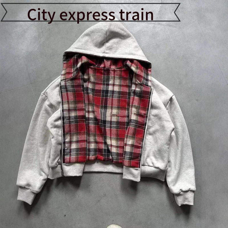 

Свободный повседневный кардиган на молнии в клетку, женский уличный стиль, удлиненный худи, осенний модный комфортный комплект с вышитыми брюками