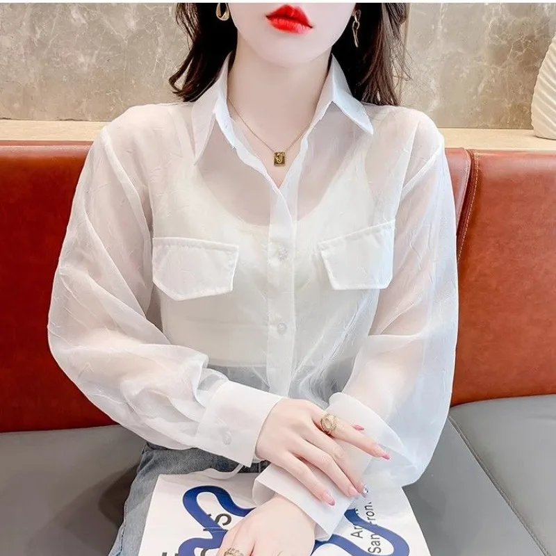 Summer New Korean Commuter Drawstring Sheer Short Solid Color Sunscreen Chiffon Blouse Polo Neck Long Sleeve Button Women Shirts