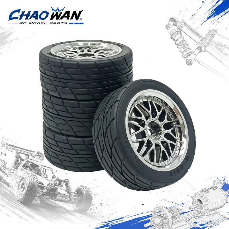 4Pcs 1/10 Scale RC Drifting Car Metal Wheel Rims, High Grip Hard Pattern Rubber Drift Tires Set, Replacement Upgrade Accessories