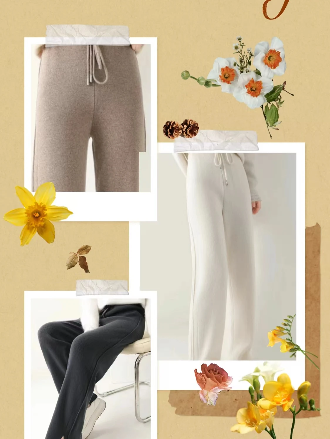 Women Wool Straight Pants Lace-up Elastic Waist Cashmere Trousers Autumn Winter 100% Merino Wool Knitted Soft Slit Design Pants