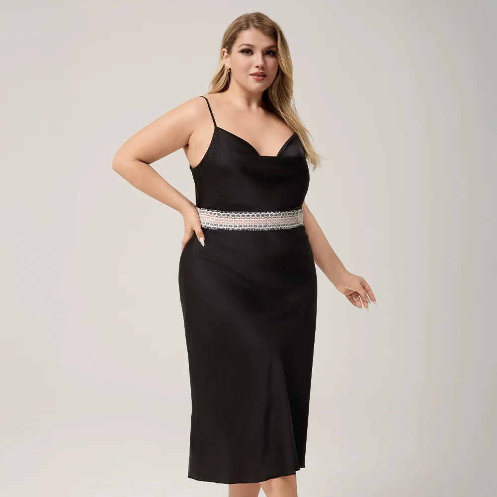 

Plus Size 3XL 4XL 5XL Women's Nightgown Sleepwear Sexy Suspender Lace Patchwork Nightdress Sexy Loose Satin Homewear