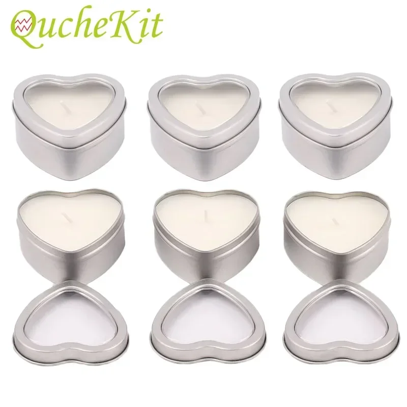 12/30 pçs latas de metal em forma de coração com janela frasco de vela de prata caixa de armazenamento vazia diy creme recipiente cosmético vela que