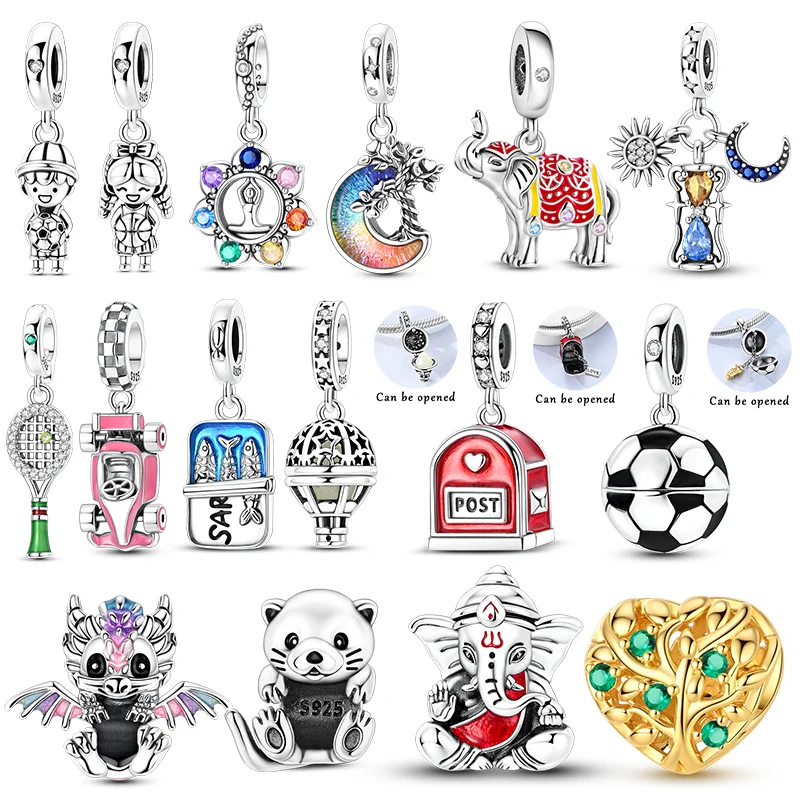 925 Sterling Silver Charms Beads Yoga Football Elephant Moon Hourglass Kart Pendants Fit Bracelet Women Girls Jewelry DIY Gift