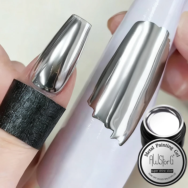 AWStorG 5 ml Gel polish metálico plateado súper brillante Efecto metal Pintura en gel Cromados Semi permanente para uñas DIY