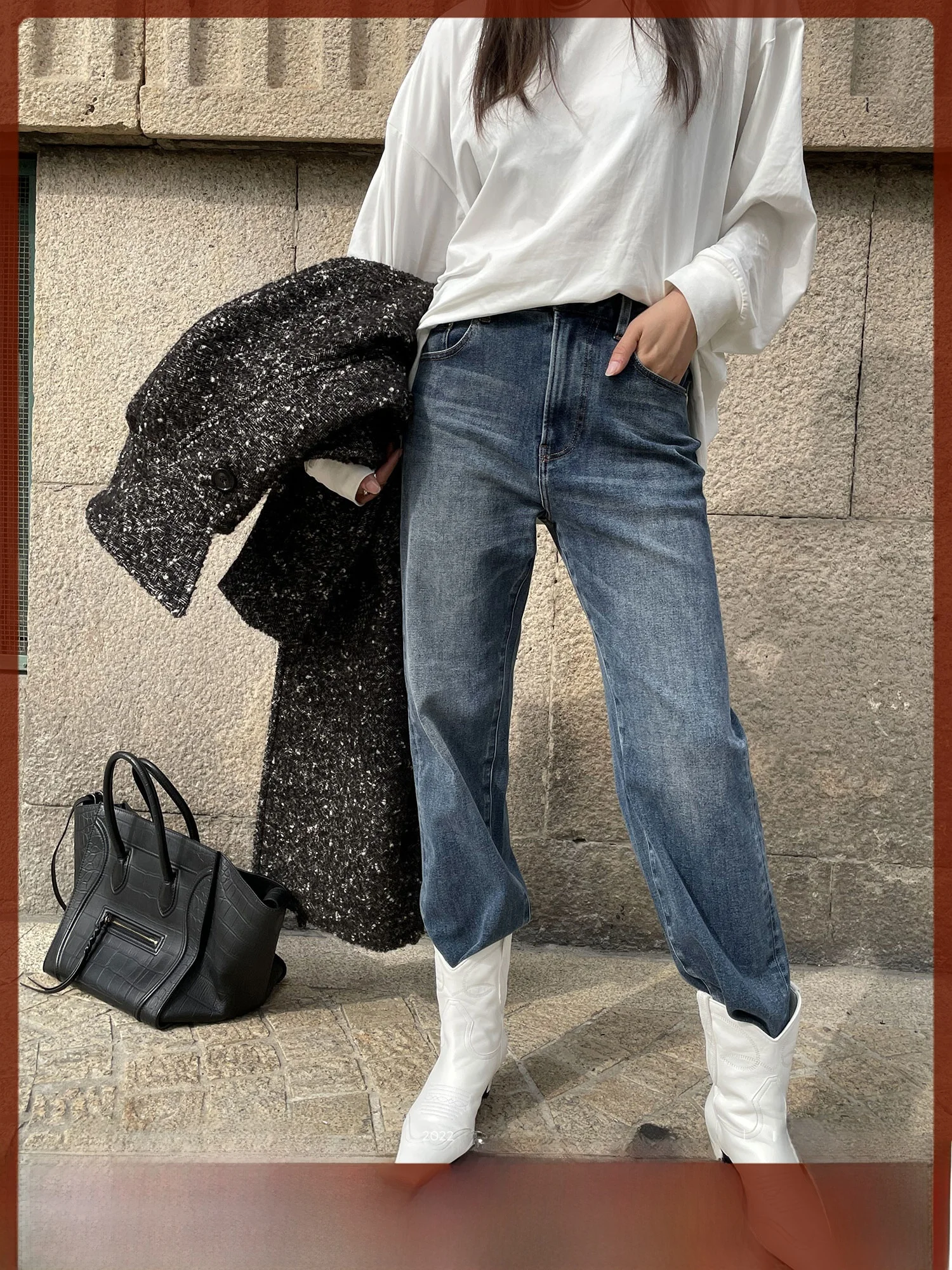 

Зимние шерстяные джинсовые прямые джинсы Mali Studios, модные теплые утягивающие длинные брюки с застежкой-молнией на талии