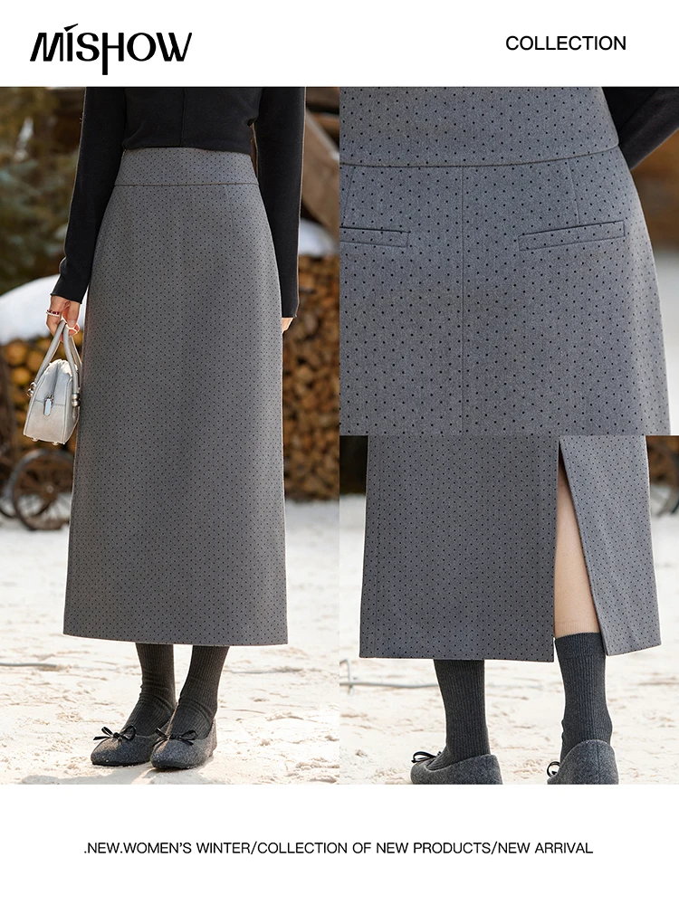 MISHOW High Waist Vintage Wave Point Split Skirts Straight Thickened Warm Zipper Design A-LINE Midi Skirts Versatile MXD58B0630