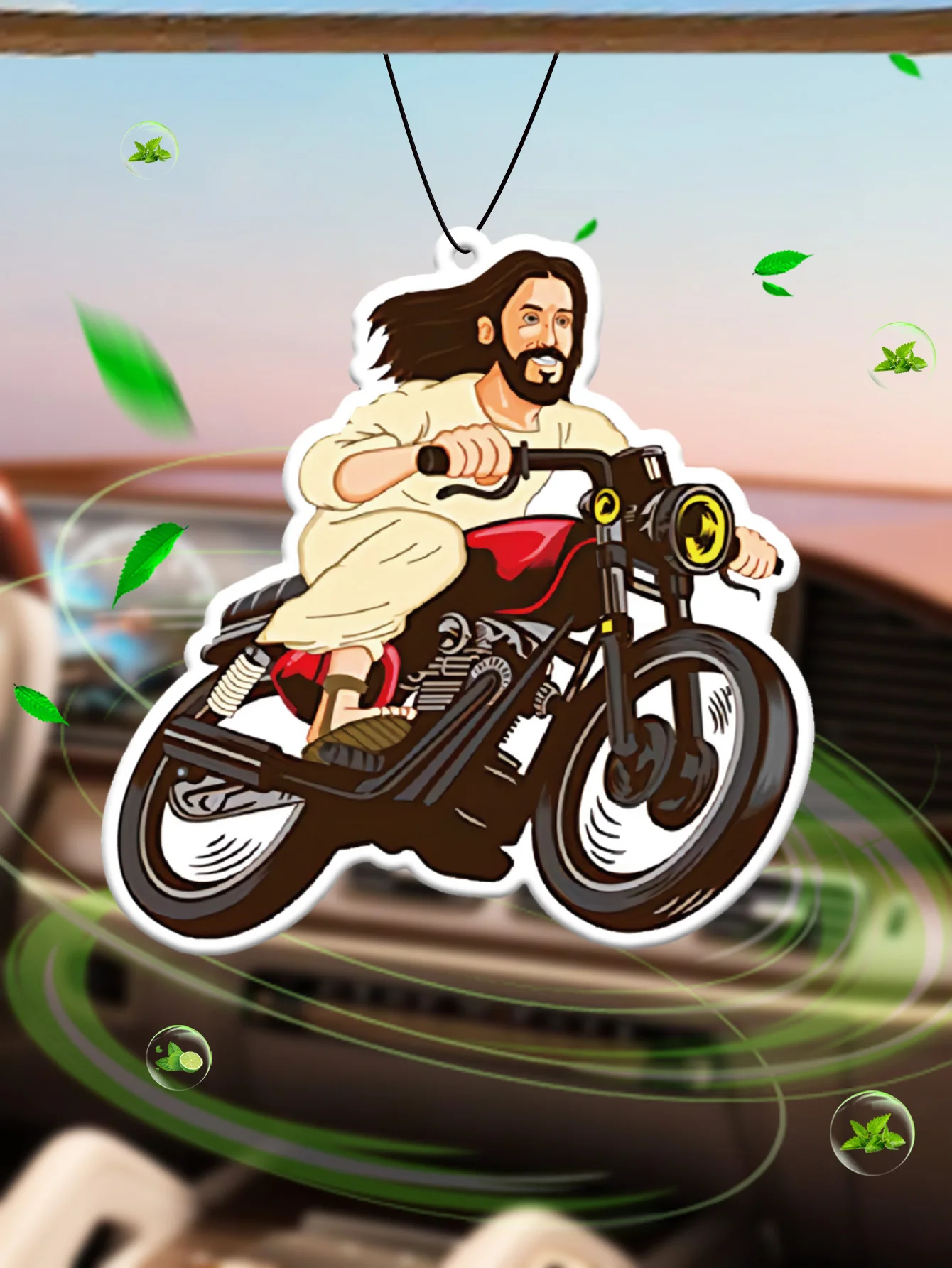 Jesus Christus fährt auf einem Motorrad – Cartoon-Auto-Duftanhänger, importierter natürlicher Luftreiniger, Auto-Lufterfrischer, Auto-Rückspiegel-Duftanhänger, Auto-Innenraum-Lufterfrischer,