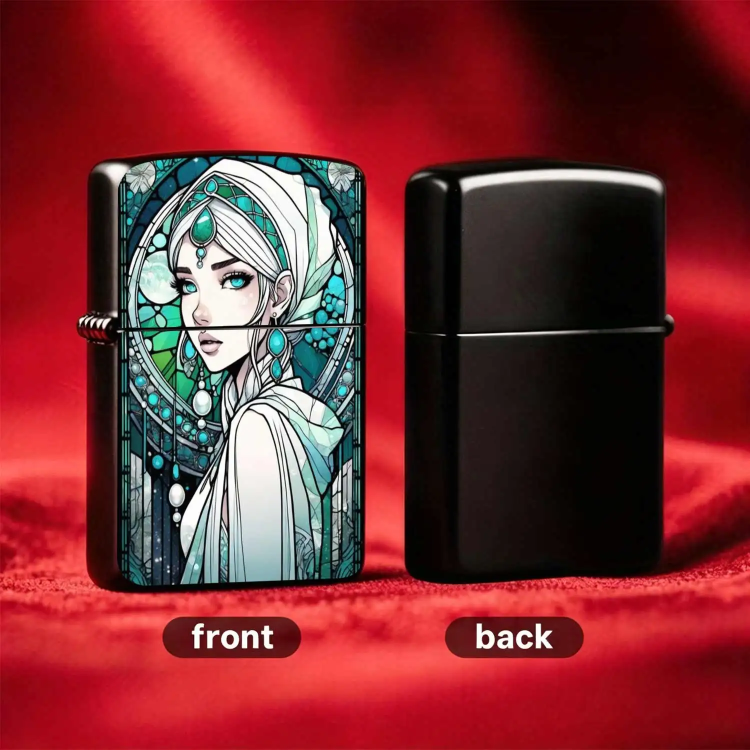 Retro Stained Glass Style Silver-Haired Beauty Metal Flip Windproof Lighter Refillable Fuel Portable Pocket-Sized Personalized Trendy Creative Collectible Gift Durable Classic Nostalgic Fashion Carry-On Lighter Humorous and Fun Li