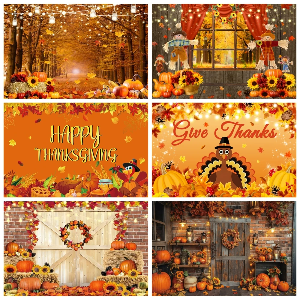 

Autumn Thanksgiving Day Backdrops Fall Leaves Pumpkin Harvest Barn Happy Party Photography Background Decor Photo Studio Props