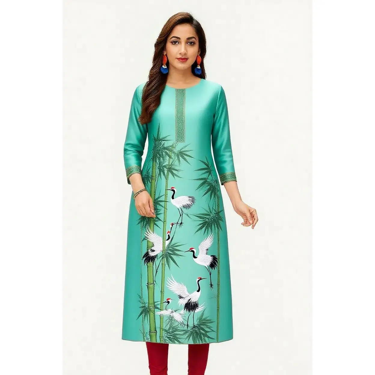 Kleid Kurt Damen, modisch und elegant, langärmelig, gerader Schlauch, lässig, Rundhalsausschnitt, Kranichmuster, edler Rock