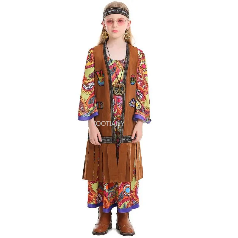 Halloween Peace Love Hippie Costume Girls Party 60s 70s Stage Performance Indian Tassels Dress with Vest + Headwear