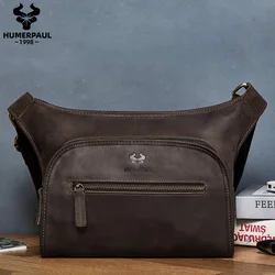HUMERPAUL Crazy Horse Leather Waist Belt Pack for Men Classic Retro Crossbody Bag Multifunction Outdoor Mobile Phone Bag