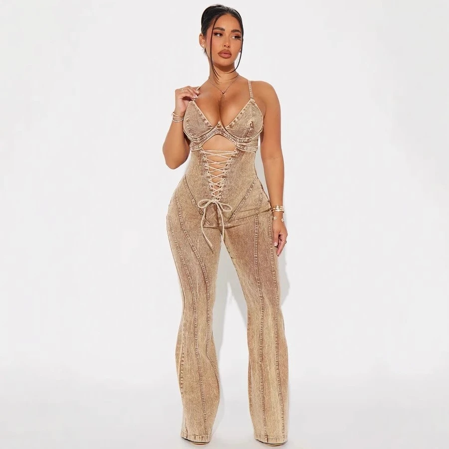 

New European and American Fashion Hollowed-out Lace-up Solid Color Casual Denim Halter Micro Flared Jumpsuit for Women's Spring