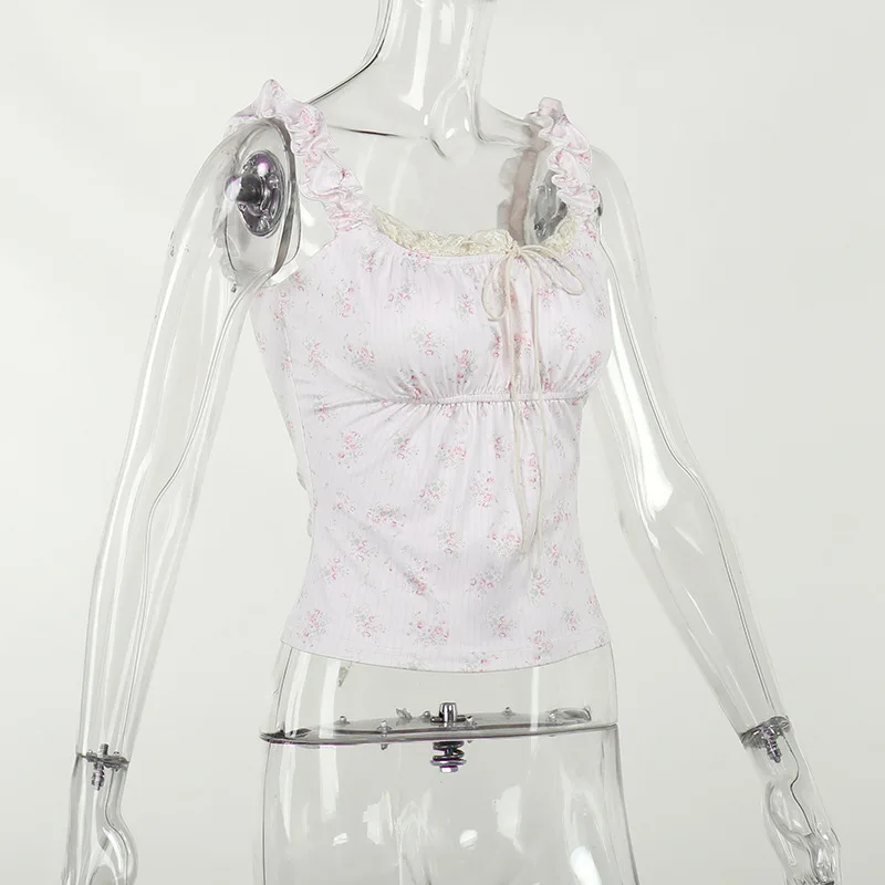 Pequena flor impressão vintage fairycore camiseta feminina rosa y2k estética magro ajuste básico doce kawaii retro 2000s casual colheita topos