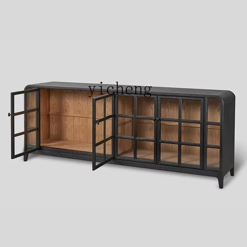 -1Retro Solid Wood Dining Side Cabinet Medieval Display Entrance Cabinet Black Glass Storage Wine CabinetD4