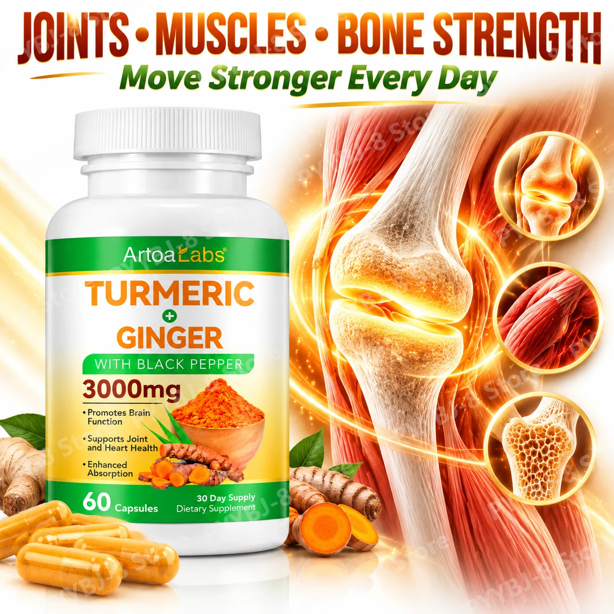 Turmeric Ginger Capsules,Joints Muscles & Bone Strength,Brain Support,Heart Wellness,Curcumin with Black Pepper Extract,60 Count