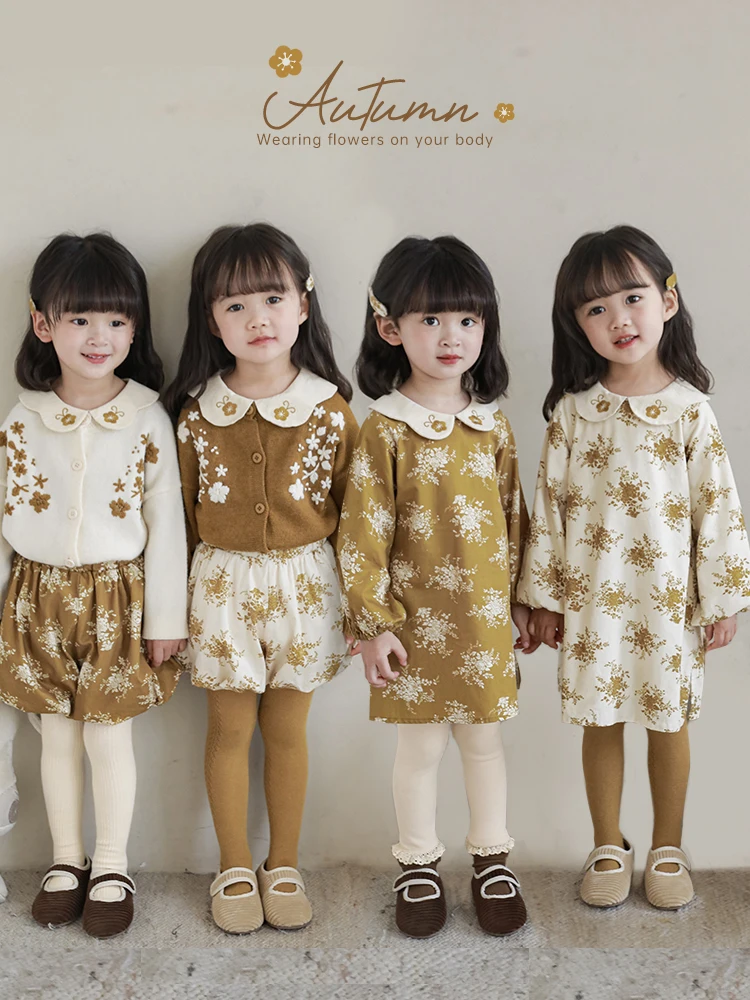 

Girls' Printed Clothes Sweet Flower Bud Shorts Petal Lapel Dress Multi-piece Set