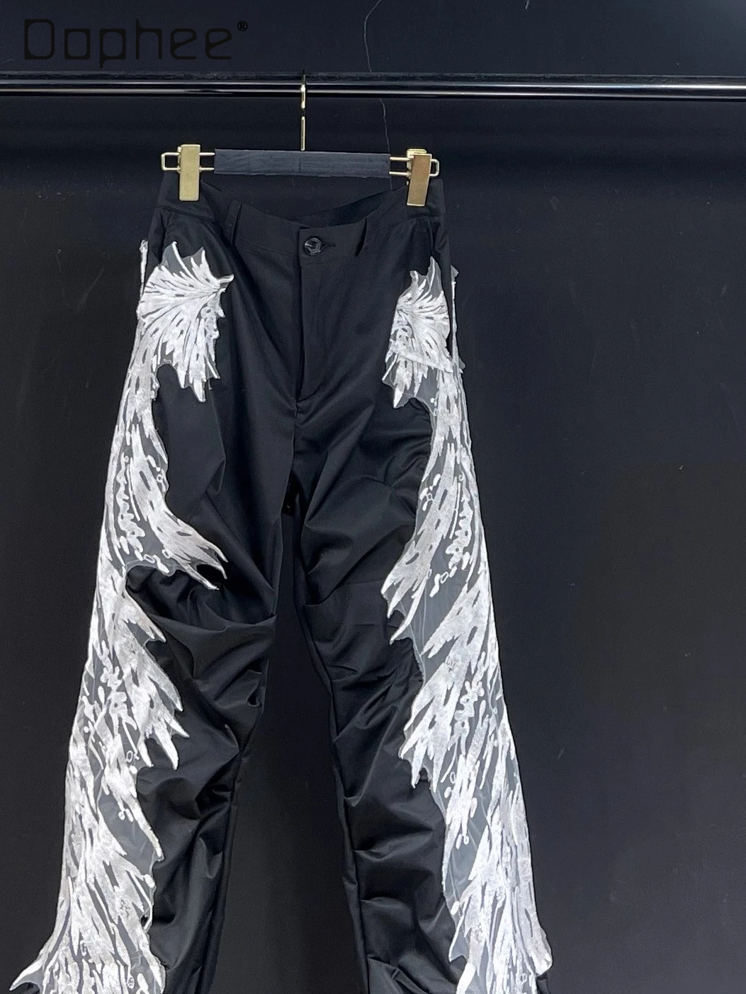 

Lace Trim Ribbon Cargo Pants Original High Street Subculture Gothic Black Casual Pants Trendy Loose Straight Wide-Leg Pants