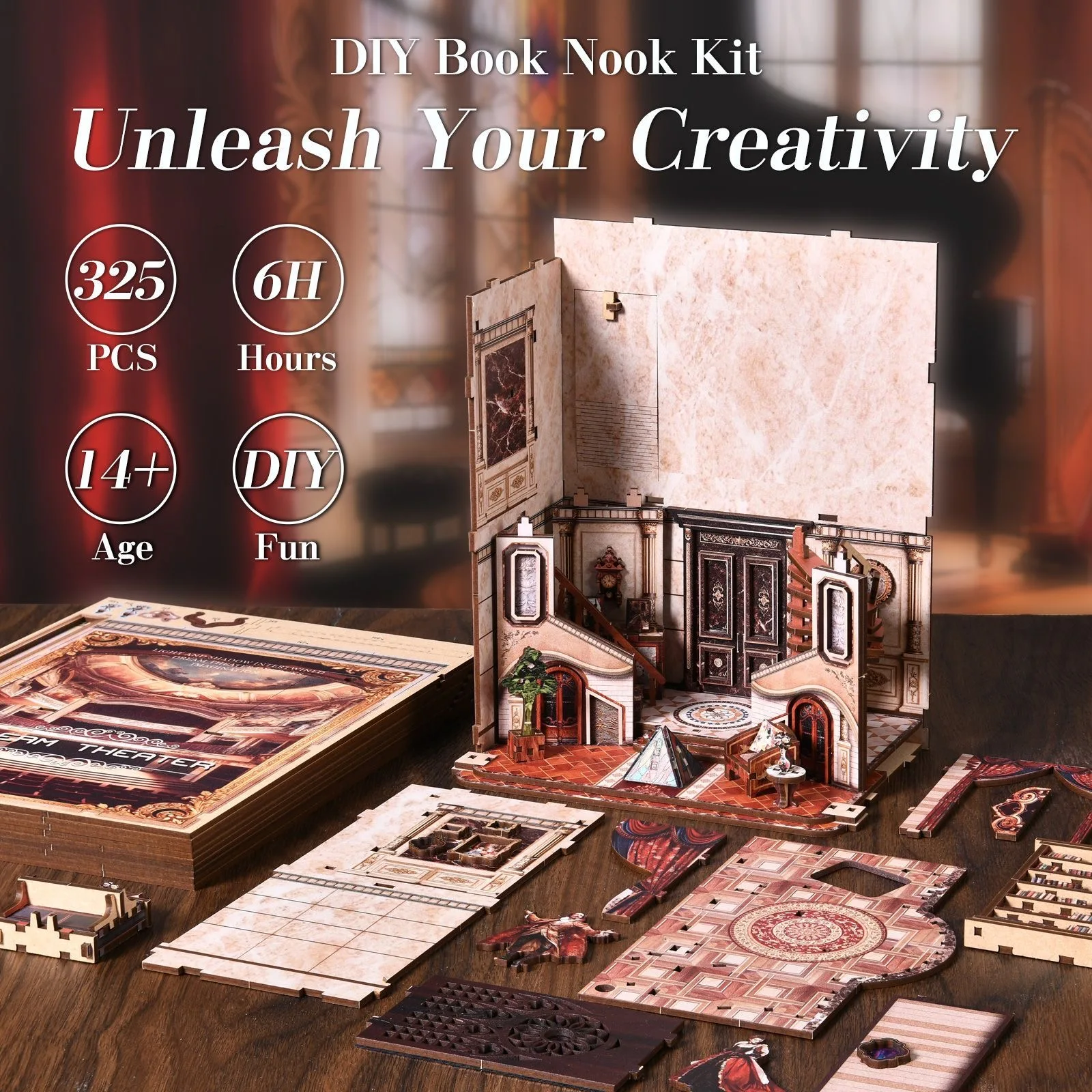DIY Book Nook Dream Opera House Model Building Kits Handmade Assembled Wooden Miniature Bookshelf Desktop Decor For Adult Gift
