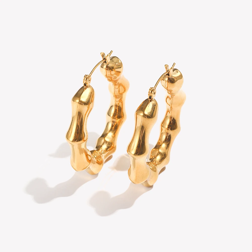 E.B.belle Light Weight Stainless Steel Bamboo Nodes Shape Hoop Earrings For Girls Gold Plated Waterproof Jewelry For Women