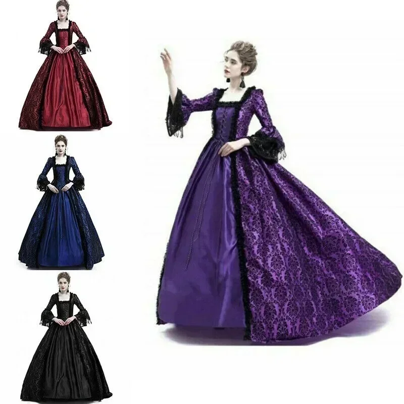 

2025halloweenWomen's Vintage Dress Medieval Victorian Court Lace Stitching Dress Gothic Long Sleeve Dress Cosplay Party Costume