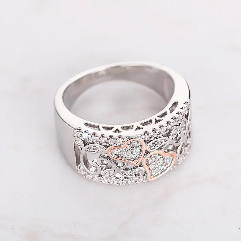 Huitan Unique Design Double Heart Two Tone Rings Women for Engagement Wedding Gorgeous Brilliant CZ Rings Luxury Trendy Jewelry