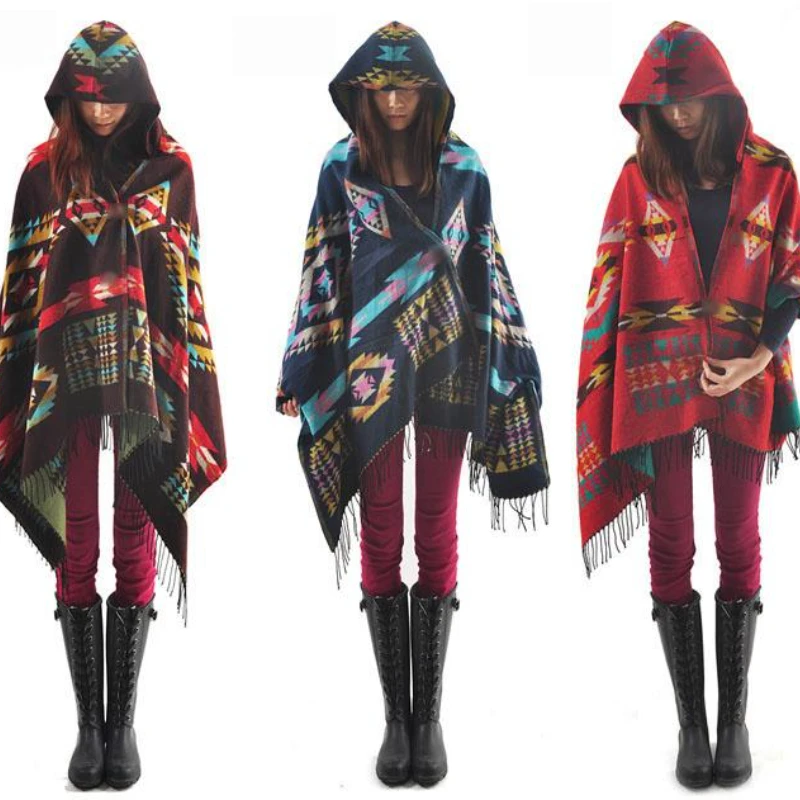 New Ladies Cape Coat Check Tartan Plaid Fringe Poncho Hoodie Hooded Bohemian Shawl Tassel Scarf Scarves Warm Wrap