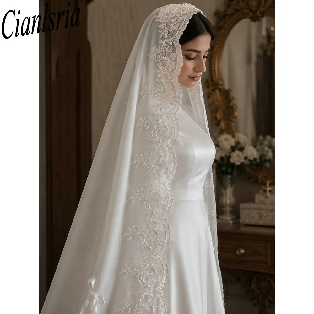 Floral Lace Applique Long Muslim Bridal Veil White Chiffon Wedding Headscarf With Bow For Islamic Nikah Wedding Ceremony Bridal