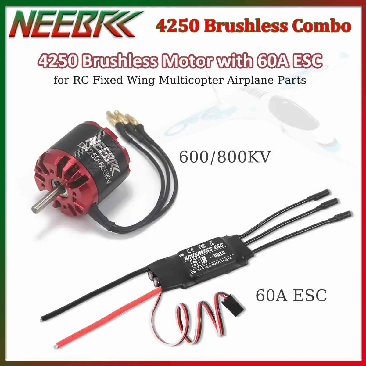 

NEEBRC 4250 600KV 800KV Outrunner Brushless Motor&60A ESC Combo 3-6S for RC Fixed Wing Multicopter Quadcopter Drone Plane Parts
