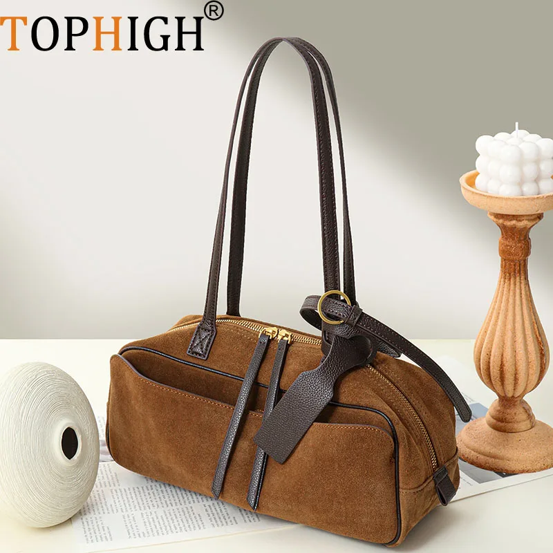 TOPHIGH Hot Women Satchel Niche Frosted Cowhide Handbag Bowling Bags For Woman New Commuter Fashion Boston Shoulder Tote Bag