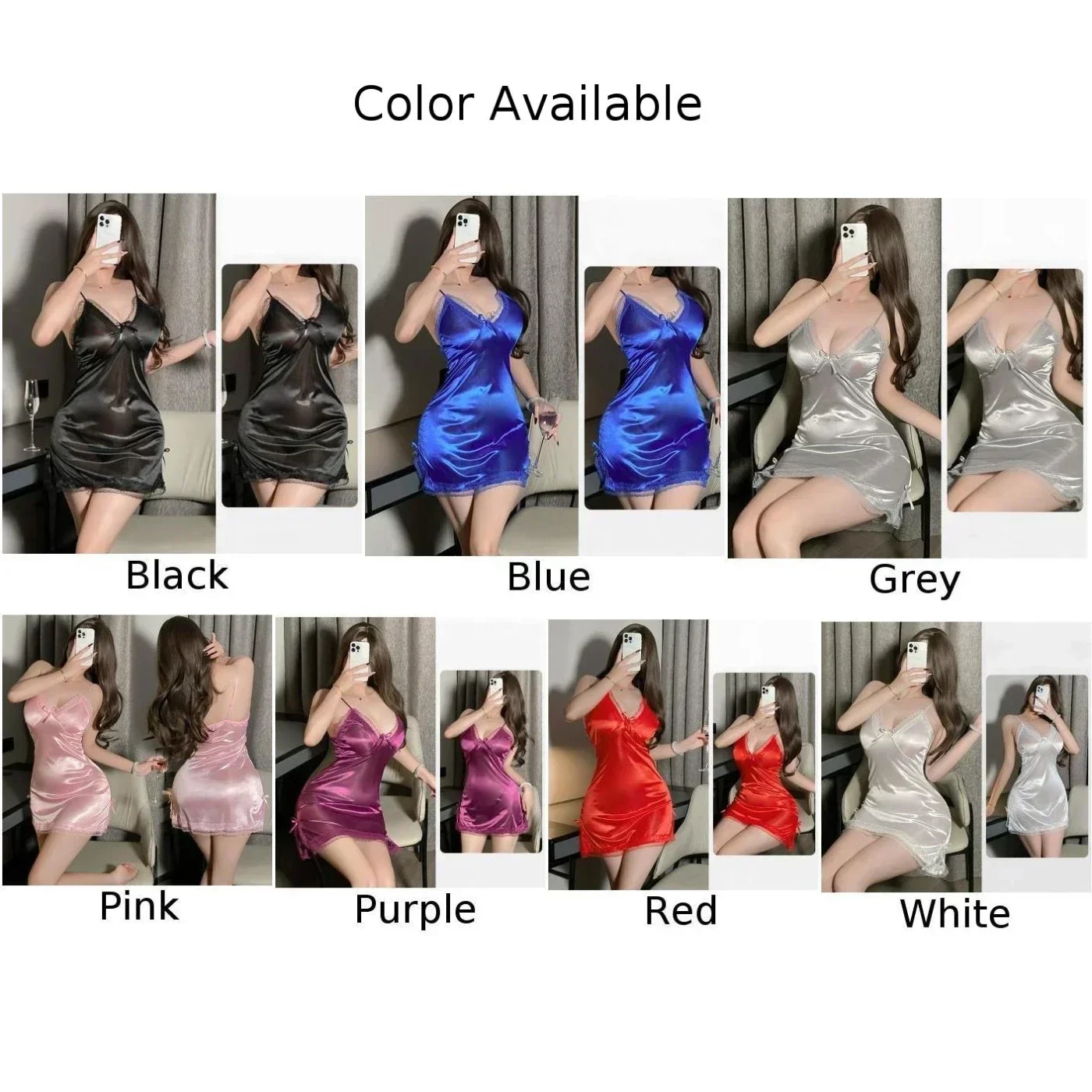 Lingerie sexy en satin pour femmes, chemise de nuit, caraco, string, dentelle fine, fente, nœud papillon