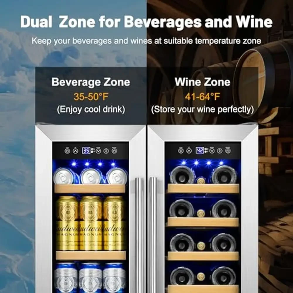 24 Inch Dual Zone Wine and Beverage Refrigerator with Glass Door Built-in/Freestanding Beverage Fridge 60 Can and 20 Bottle