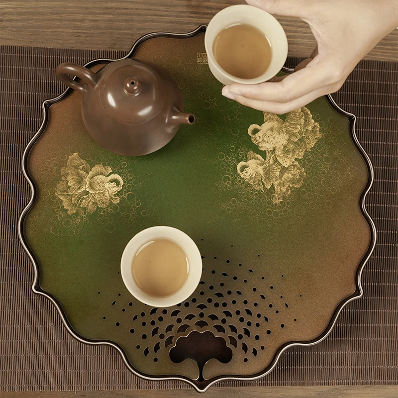 

Hexagonal Lotus Tea Tray New Chinese Zen Style High End Dry Brewing Platform High Beauty Kung Fu Tea Set Retro Brass Ancient