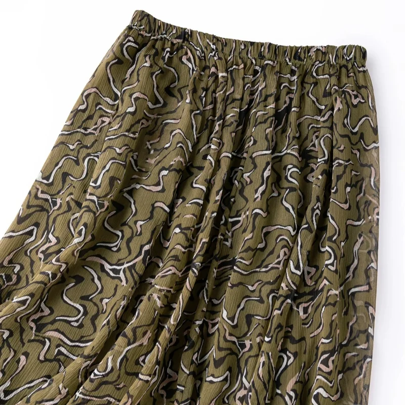 Birdtree, 100% Real Silk Print Skirt, Elastic Waist , Women Elegant Beach Retro Skirts, Double Layer,  2026 Autumn New D69501JF