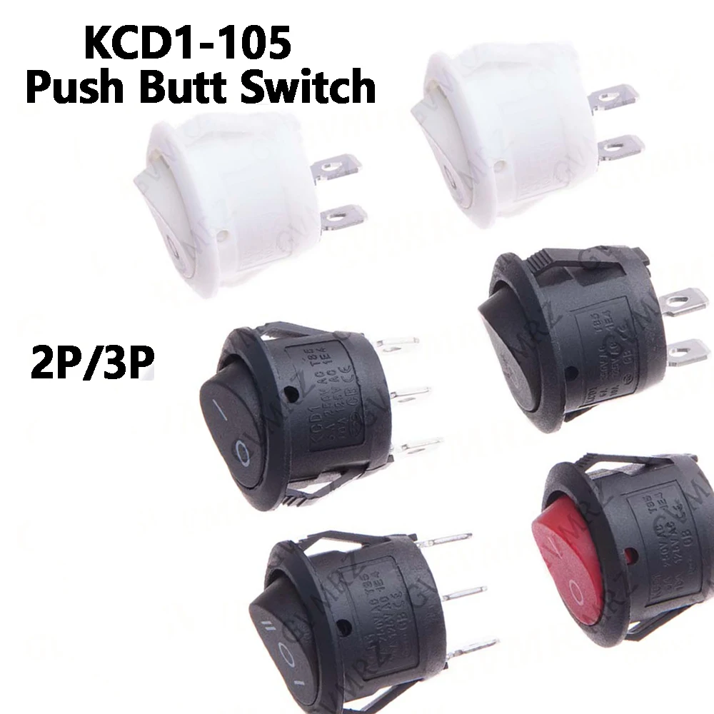 5PCS Push Button Switch  20MM SPST 2/3P 3A 250V KCD1-105 2PIN 2 block BlackKDC1 Snap-in Off Round Rocker Switch Black  White Red