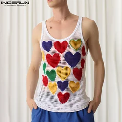 2024 Men Tank Tops Printing Summer O-neck Sleeveless Male Vests Streetwear Hollow Out See Through Casual Men Clothing INCERUN