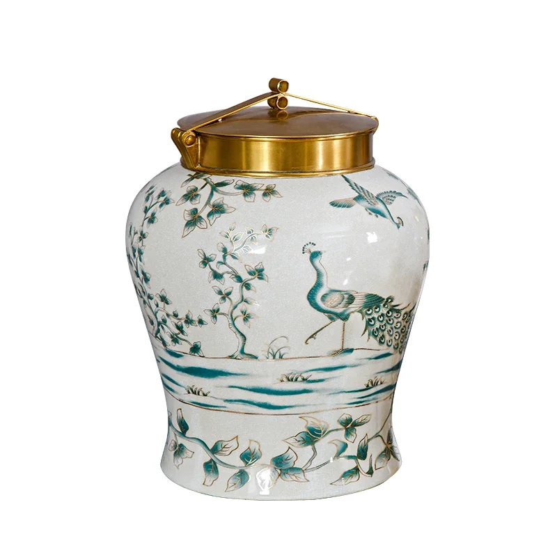 Vase en céramique de luxe de style chinois, figurines avec fleurs et paon, décorations pour la maison