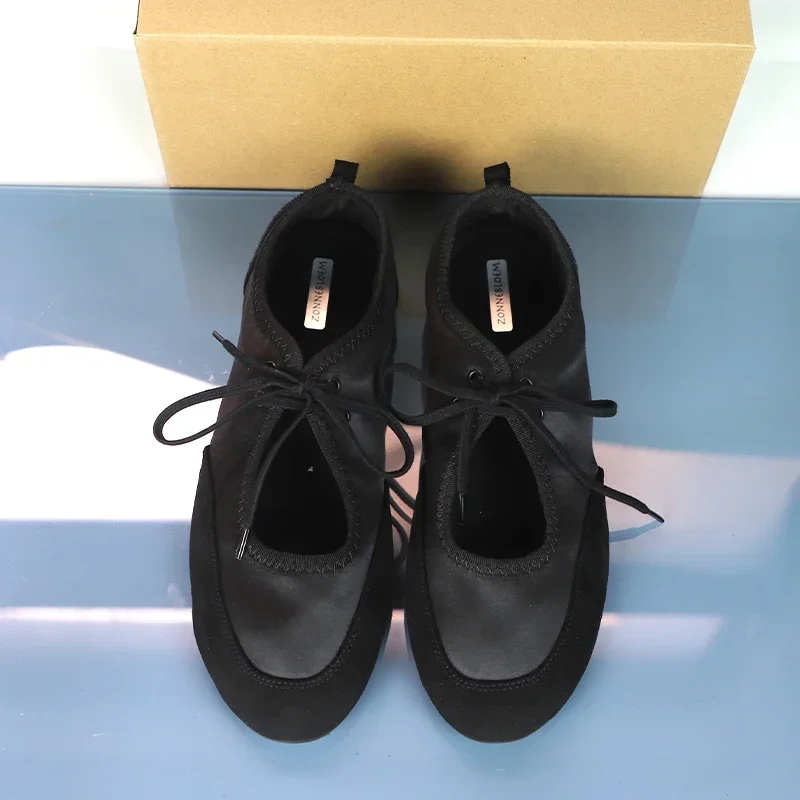 Black Lace-Up Women\'s Ballet Flats Comfortable Soft Satin Fabric Round Toe Ladies Autumn Shoes Brand Leisure Female Footwear