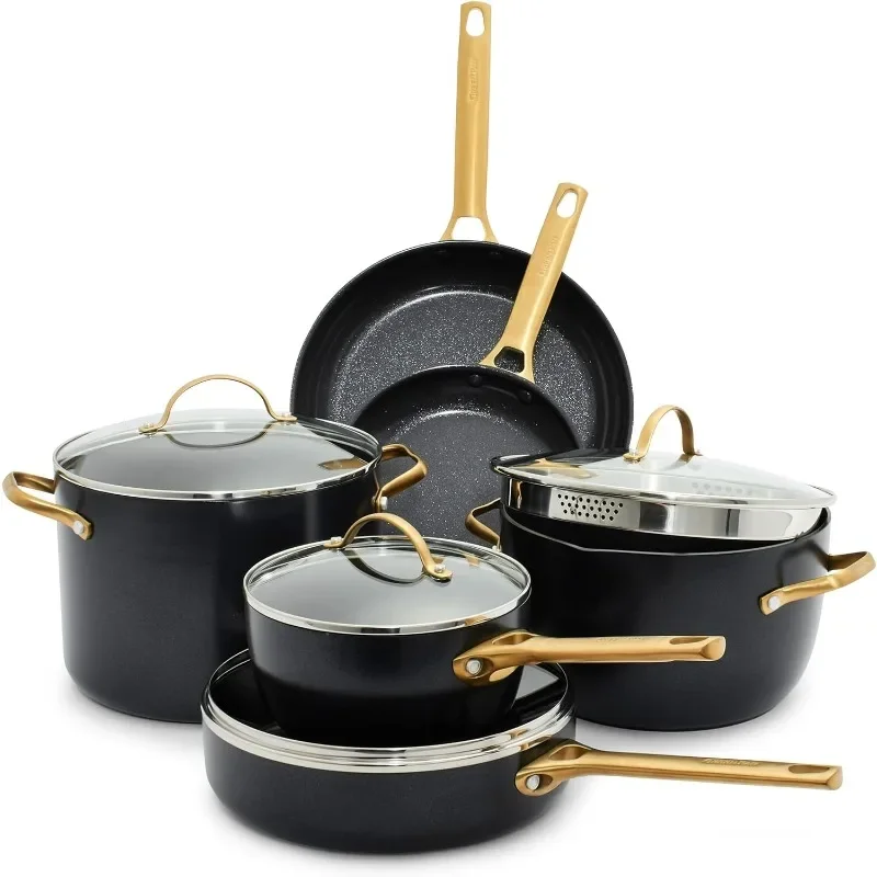 GreenPan Reserve Hard Anodized Healthy Ceramic Nonstick 10 Piece Cookware Pots and Pans Set, Gold Handle, PFAS-Free