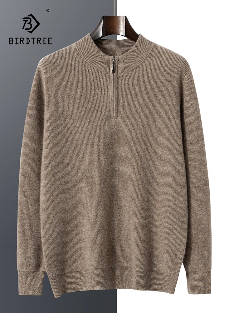 

BirdTree, 35% Cashmere 65% Wool Soft Sweaters, Men Mock Neck Long Sleeve Zipper, Business Casual Sweater, Autumn Winter T47817QC