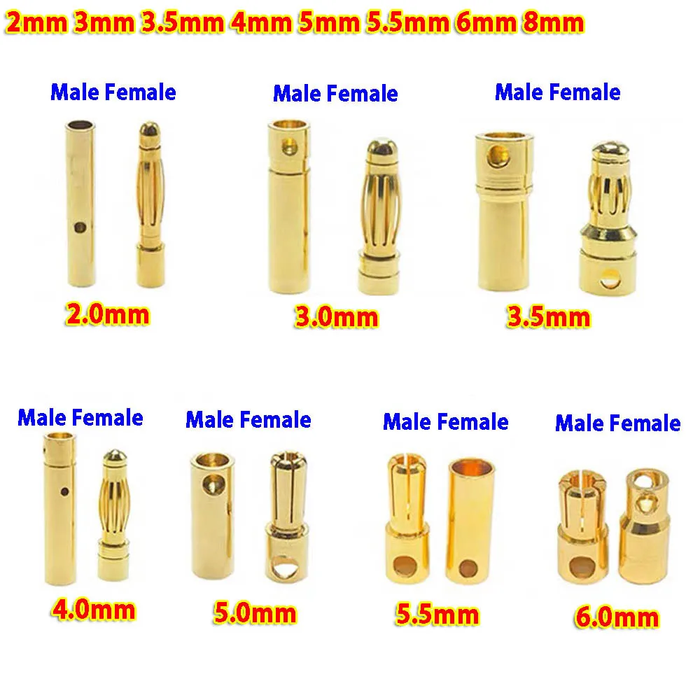 2mm 3mm 3.5mm 4mm 5mm 5.5mm 6mm 8mm RC Battery Gold-plated Bullet Banana Plug High Quality Male Female Bullet Banana Connector