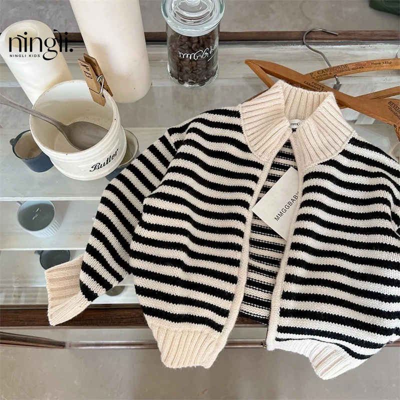 NL-Kids' sweater2024Autumn New Fashion Simple Striped Knitted Cardigan for Boys and Girls Baby Zipper Coat