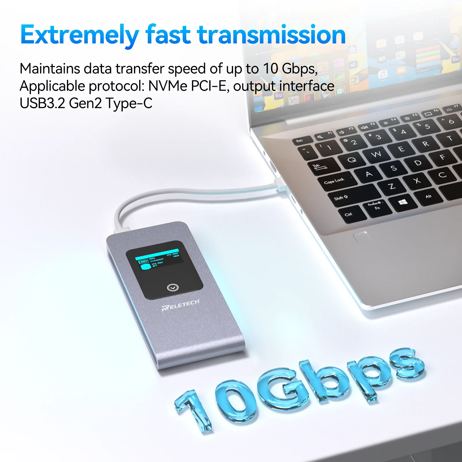 Reletech M2 NVMe SSD Enclosure 10Gbps PCIe  USB Type C 3.2 Gen 2 Portable External Enclosure SSD Box