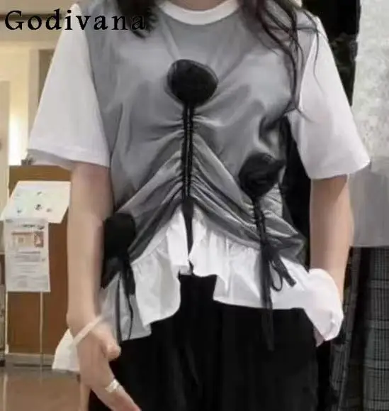 

Japanese Fashion Sweet Three-Dimensional Flower T-Shirt Summer New Women's Loose Slim Casual Top Short Ruffled Skirt Denim Vest