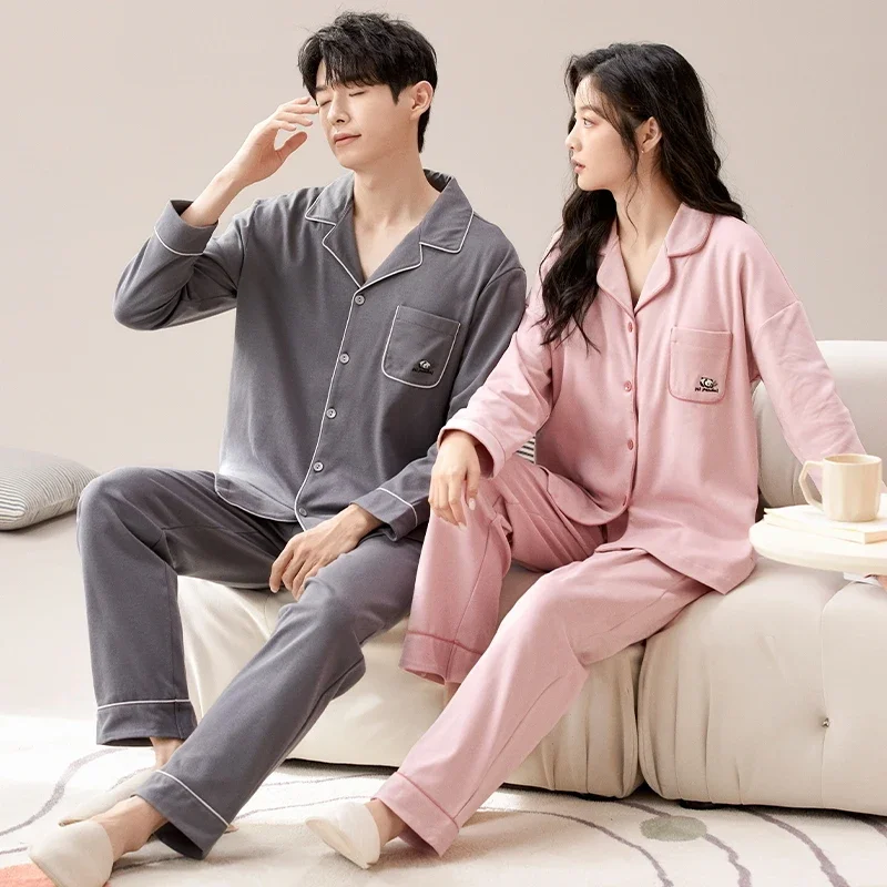 Korean Fashion Cotton Nightwear For Autumn Warm Sleepwear Couples Homewear Women Men Cardigan Pajama Set Casual Loungewear Mujer