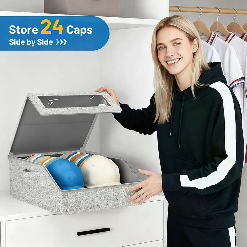 Sturdy Hat Storage for Baseball Caps, Holds up to 24 Caps Clear Hat Organizer for Closet, Bedroom, Wide Hat Box with Cardboard